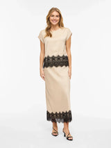 Vila Ellette S/S Full Satin Lace Top - Cement
