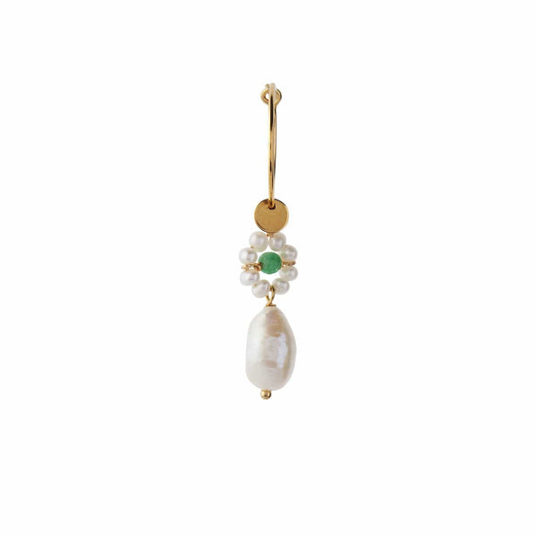 Stine A - Heavenly Flower Pearl Hoop with Green Stone & Pearl - Gold