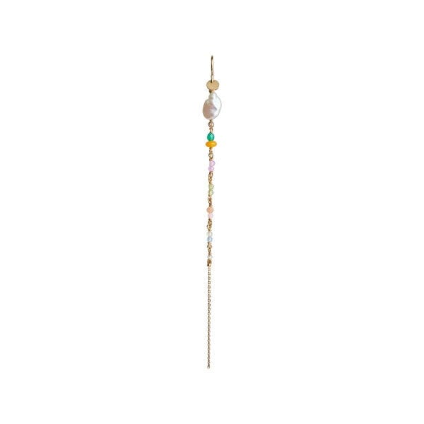 Stine A - Petit Gemstones and Baroque Pearl Earring Gold with Long Chain - Sorbet Mix