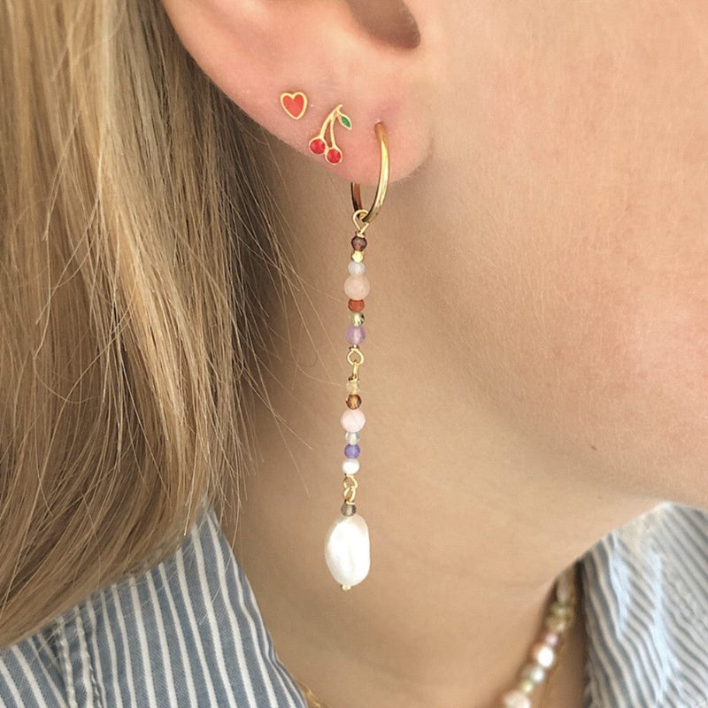 Stine A - Dangling Baroque Pearl Earring with Stones - Pink Mix