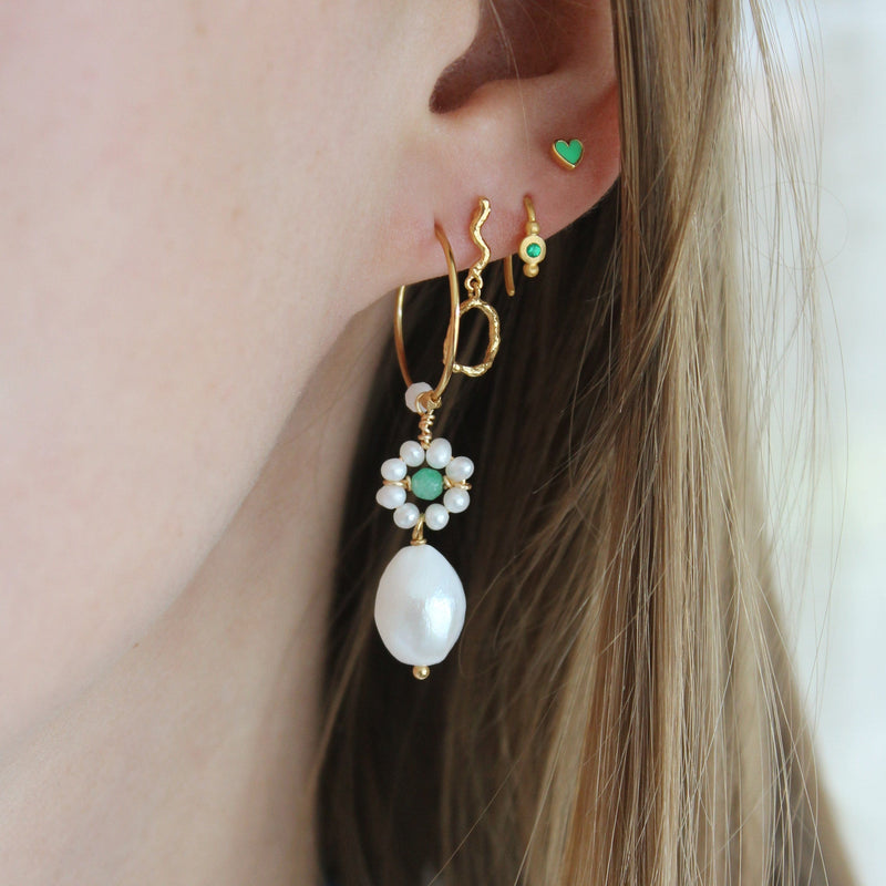Stine A - Heavenly Flower Pearl Hoop with Green Stone & Pearl - Gold